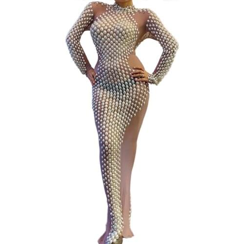 Rhinestones Pearl Mesh Gauze Perspective Dress Long Sleeve Split Fork Floor-Length Dresses Nightclub Dance Show Party Costume