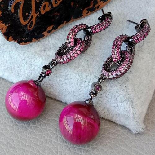 YYGEM Fuchsia Cubic Zirconia pave Round Red Tigers Eye Fuchsia Ring gunmetal color Stud Earrings cute Jewerly For Women