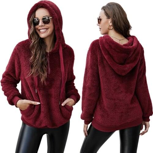 Autumn Winter Flannel Thick Sweatshirt Top Women Casual Loose Hooded Drawstring Solid Color Pocket Pullover Warm Outwear Female