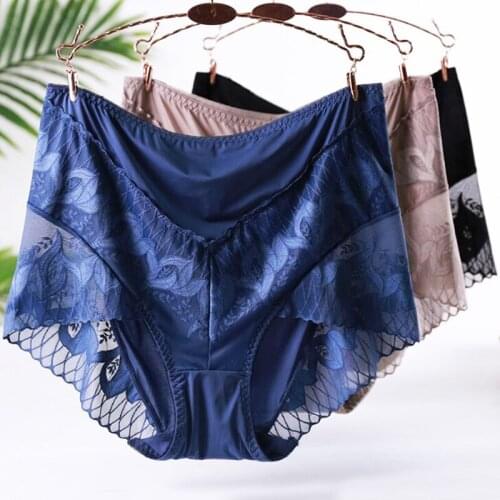 Plus Size Womens Sexy No Trace Lace Panties Ultra Thin High Waist Briefs Breathable Quick Dry Underwear Female Solid Underpants