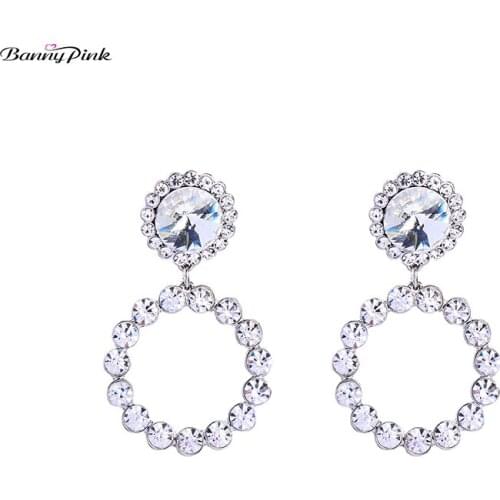 Banny Pink Wedding Rhinestone Statement Stud Earrings For Women Chic Geometric Round Circle Earrings Crystal Pendant Earrings