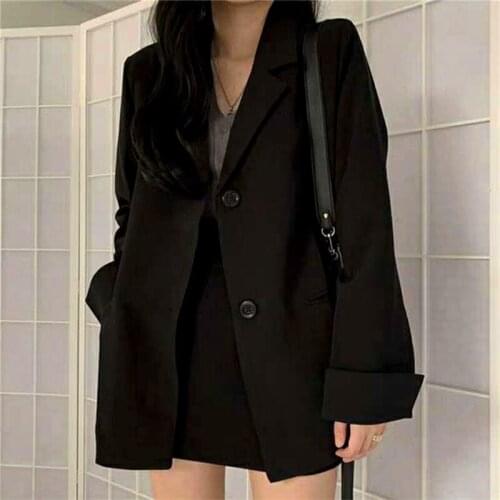 Fashion 2021 Spring Blazer Women Single Breasted Oversized Suits Jacket Office Ladies Loose Long Sleeve Blazer Black