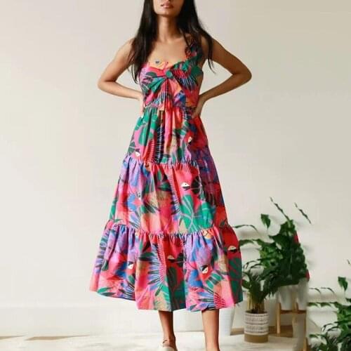 Menahem Runway Bohemian Spaghetti Strap Bow Dress Women Beach Boho Leaves Flower Print Vacation Midi Long Party Summer Vestidos