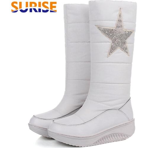 Winter Warm Plush Women Snow Boots Wedge Heel Round Toe Crystal Star White Black Waterproof Down Laddies Mid-calf Platform Boots