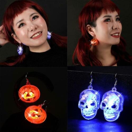 1 Pair Halloween Party Earrings Lighted Pumpkin Skull Dangle Earrings Led Halloween Scary Party Decor Drop Earrings