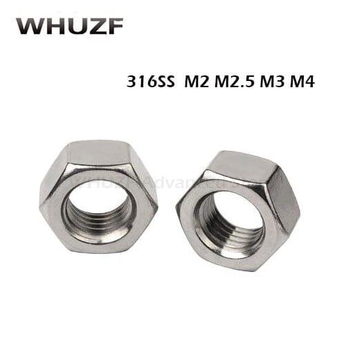 100PCS Hex Nuts Marine Grade 316 A4 Stainless Steel Nut For M2 M2.5 M3 M4 M5 M6 M8 Metric Bolt & Screw