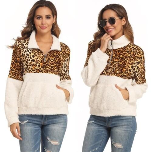 2021 autumn and winter European and American plush womens leopard print contrast top fashion new
