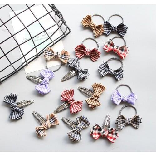 Babys handmade double layer plaid ribbon bow elastic hairband ponytail holder snap hair clip bobby pin