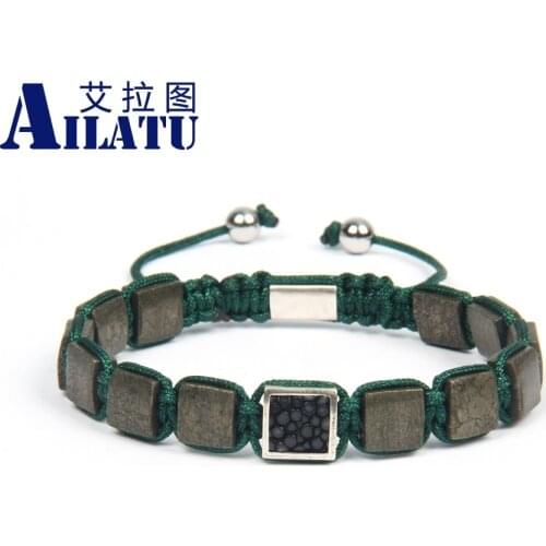 Fashion Mens Jewelry Genuine Stingray Leather Square Bracelet with 8x8mm Natural Pyrite Stone Sqaure Beads