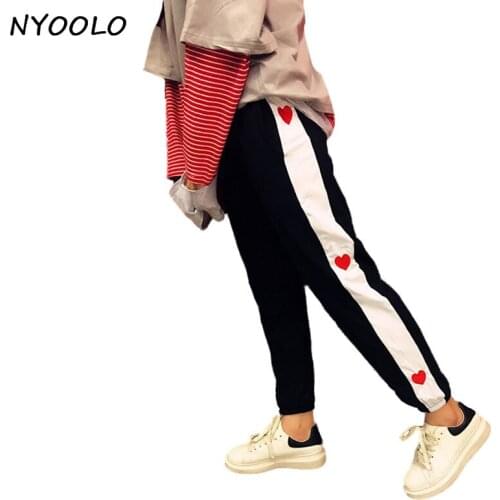NYOOLO New streetwear spring autumn love embroidery stitching mid elastic waist hip-hop long pencil pants women/men pants