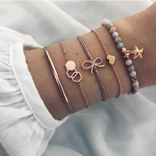 European and American fashion jewelry with simple colorful zircon bow love geometric map five-piece bracelet jewelry for female