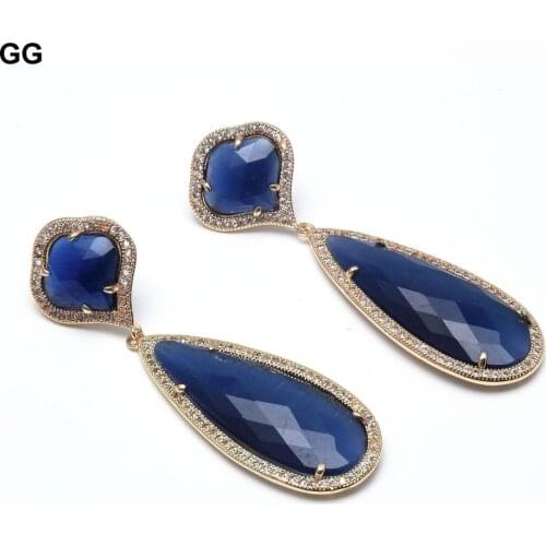 GG Jewelry Natural Gold Color Plated CZ Flower Blue Cats eye Leverback Earrings Cute For Women Lady Girl Gift Jewelry