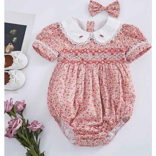 2PCS Baby Smock Floral Romper Girl Handmade Embroidered Jumpsuit Toddler Smocked Clothes Infant Birthday Rompers with Hairpin