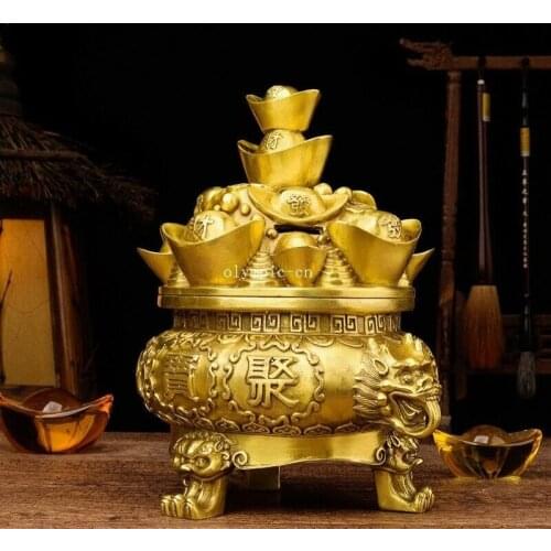 10'' brass copper home fengshui beast foo dog lion cornucopia wealth statue