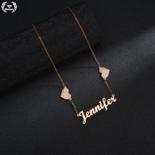 Diamon Fashion Personalized Stainless Steel Necklace For Women Double Heart with Crystal Custom Name Letter Chain Jewelry Gift