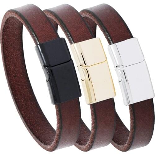 Punk Men Jewelry Flat Glossy Dark Brown Genuine Leather Bracelet Alloy Magnetic Buckle Connector Fashion Wrap Bangle Jewelry