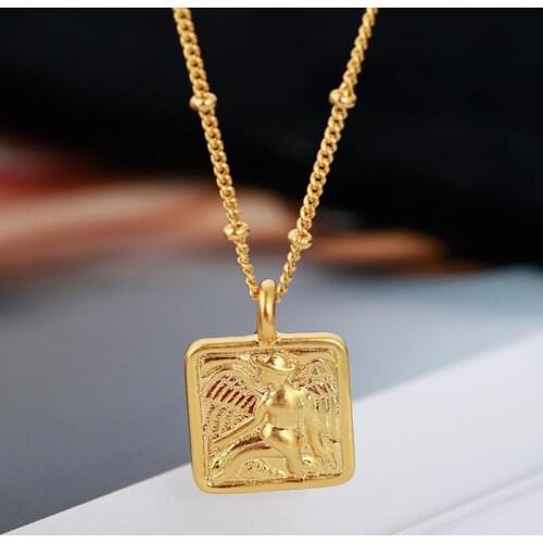 Non-Mainstream Design Angel Wings Relief Square Portrait Retro Stacked Square Necklace Fashionable