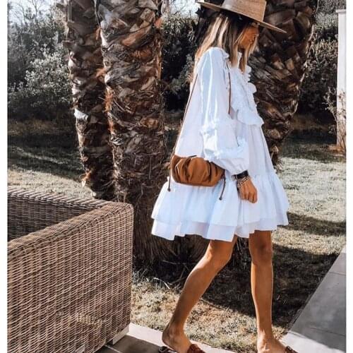 Sexy Autumn Long Sleeve Short Loose Dresses Fashion Puff Sleeve Dress Vestidos Mulher 2021 Elegant White High Neck Ruffle Dress