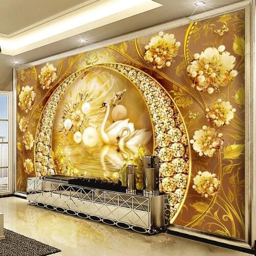 Custom 3D Wall Murals Wallpaper Swan Lake Golden Jewelry Diamond Flower Luxury Living Room Sofa TV Background Photo Wall Fresco