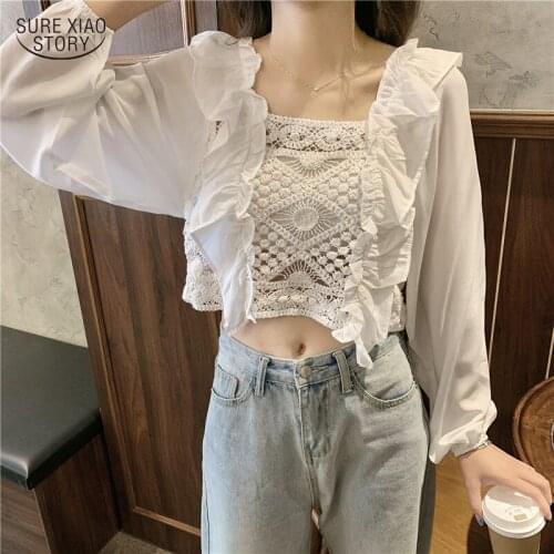 Causal Long-sleeve One-shoulder Blouse Spring Chiffon Patchwork Ruffled Blouse Elegant Crochet Hollow White Lace Shirt Top 17273