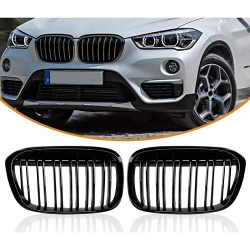 Gloss Black Front Bumper Kidney Grill Grilles for BMW X1 F48 F49 2016-IN XDrive Double Line M Look 51117383363 51117383364