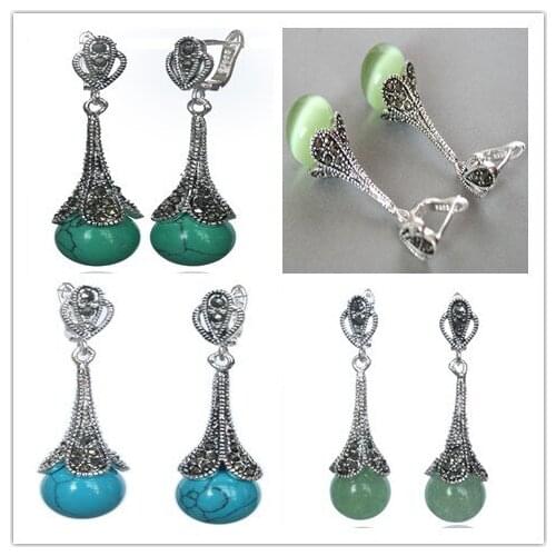 Free shipping 4 styles 925 SILVER NATURAL 10MM GREEN /OPAL/ BLUE BEADS MARCASITE EARRINGS