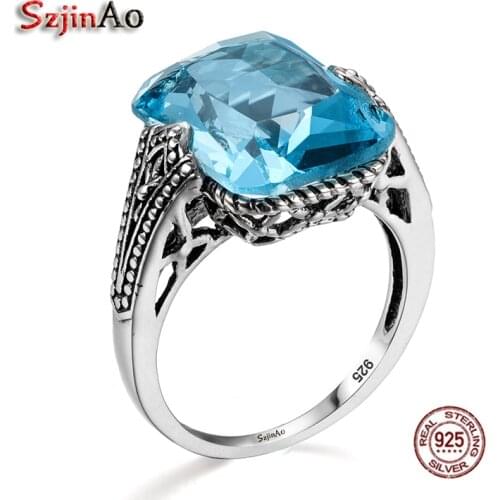 Szjinao Personalized 925 Sterling Silver Ring Aquamarine Royal Engagement Wedding Rings for Women Fashion Jewelry Gift Box