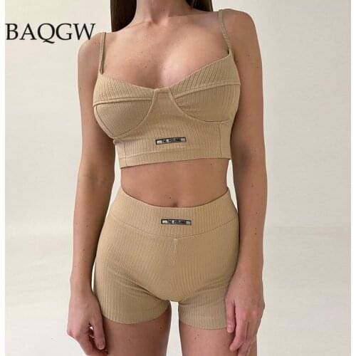 Rib Knitted Two Piece Set Women Summer Clothing Sexy Letter Print Sleeveless Casual Sport Biker Shorts Skinny Two Piece Suit