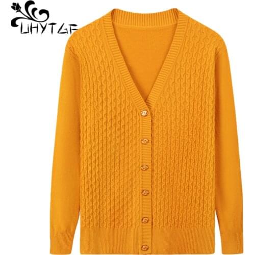 UHYTGF Elegant Mother Spring Autumn Sweater Jacket Single-Breasted Knitted Cardigan For Women Fashion V-Neck Plus Size Coat 1447