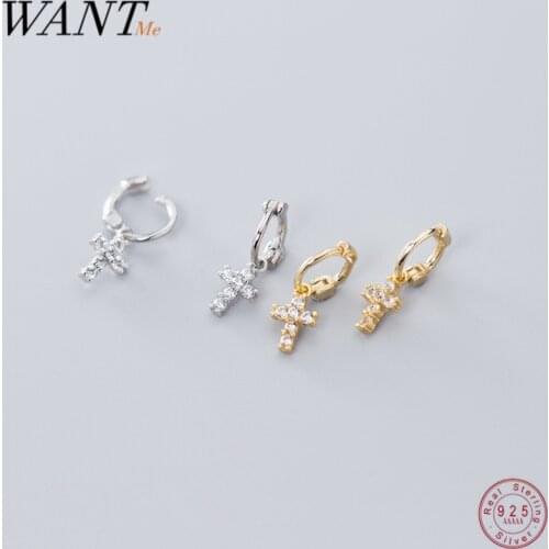 WANTME New Genuine 925 Sterling Silver Pave CZ Small Cross Ear Hook Stud Earrings for Women Fashion Punk Jewelry Accessories