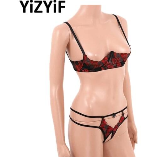 Women Erotic Embroidery Lace Sexy Lingerie Set Open Cups Bra Bare Exposed Breasts Bra Top with Crotchless G-string Thongs Bikini