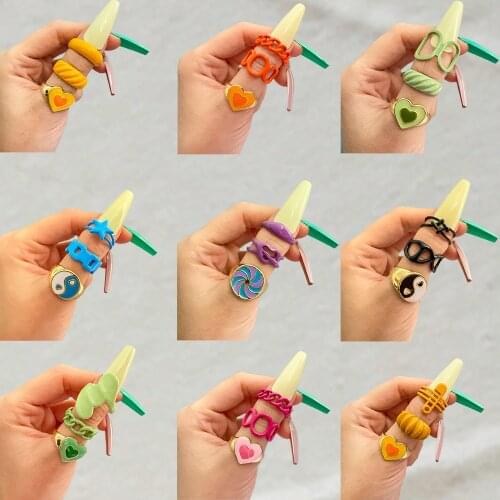 EN Vintage Golden Heart Rings Set for Women Fashion Pink Green Color Resin Flower Love Heart Ring Wholesale Jewelry