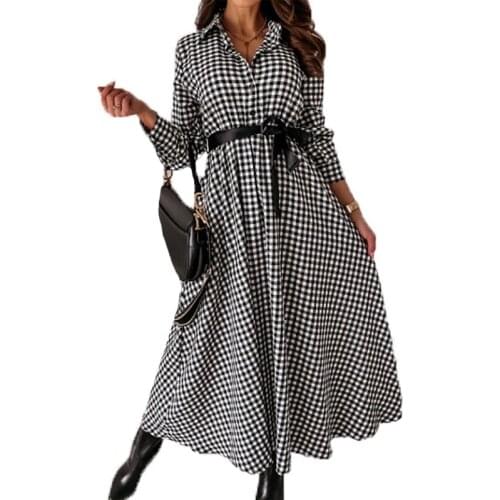 AECU 2021 Spring Autumn Woman Long Dress Vintage Plaid Long Sleeve Party Elastic Waist Maxi Dress Vestidos