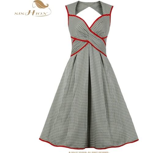SISHION Backless Women Summer Plaid Sexy Dress VD2094 Green Sleeveless 50s Vintage Dress with Bow Vestido