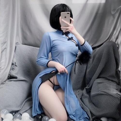 Woman Sexy Lingerie Chinese Style Cheongsam Dress Hollow Out Split Skirt Bandage Qipao Nightgown School Girl Cosplay Outfit