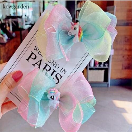 Kewgarden Baby Girls Rainbow Organza Ribbon Bowknot Cartoon Horse Hairbow Hairpin Barrettes Hairclip Headwear Accessories 2Pcs