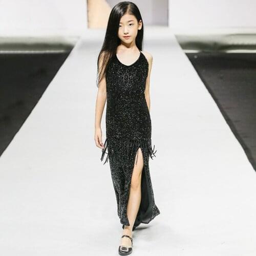 Caustom made sexy sequins beading tassel children girls party mermaid dress