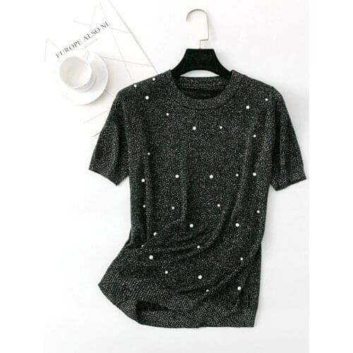 Summer Pearls Beaded Basic T-Shirts Women Short Sleeve O-Neck Knitted Tops Female 2020 Shiny Solid Tee Womans Harajuku Korean