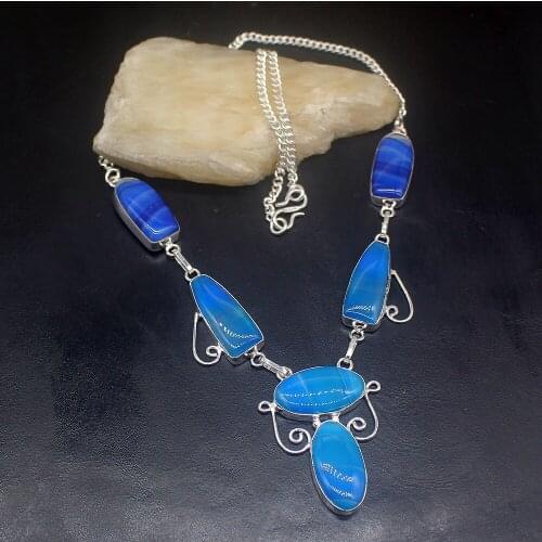 Gemstonefactory Jewelry Big Promotion Unique 925 Silver Natural Blue Botswana Agate Women Chain Necklace 48cm 202101543