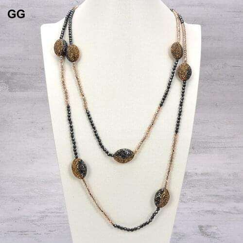 GG Jewelry 55" Black Hematite Golden Crystal Long Station Sweater chain Necklace For Women