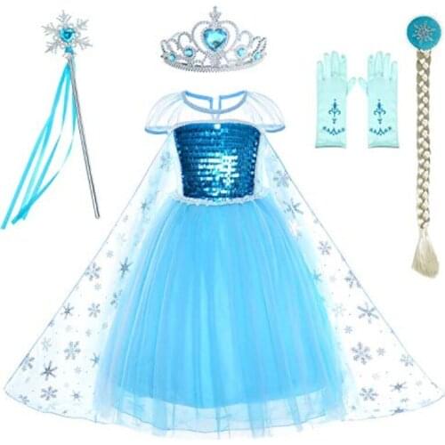 Blue Snow Girls Dress Princess Costume Halloween Purim Carnival Children Dress up Kids Dresses for Girls Size 2-10 Years