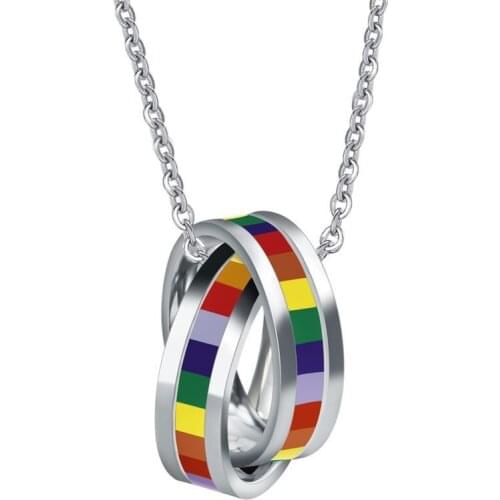 Classic Rainbow Double Circle Men Women Stainless Steel Necklaces Pendant LGBT Lesbian Female Jewelry 20" Chain