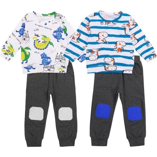 New Boys Clothes Set, Dinosaur Print Long Sleeve O-neck T-shirt + Elastic Waist Patchwork Trousers