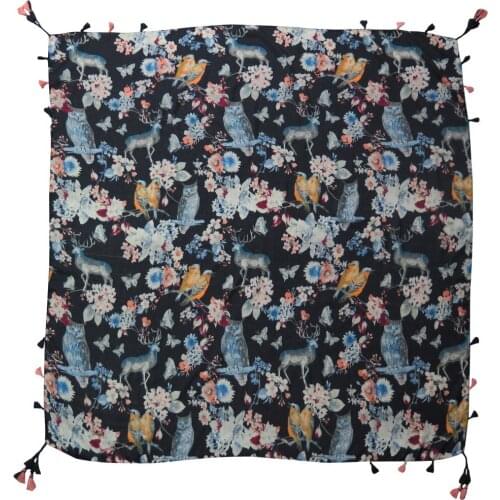Flower Animal Owl Deer Butterfly Bird Print Square Tassel Scarf Shawl Echarpe Foulard Stole Bandana Wrap 130cm x 130cm