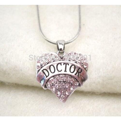 Best selling 50pcs a lot rhodium plated DOCTOR crystal heart pendant necklace(A1121)