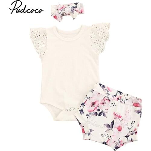 Three Piece Baby Girl’s Clothes Fresh Solid Color Fly Sleeve Jumpsuit and Flower Short Pants with Headband