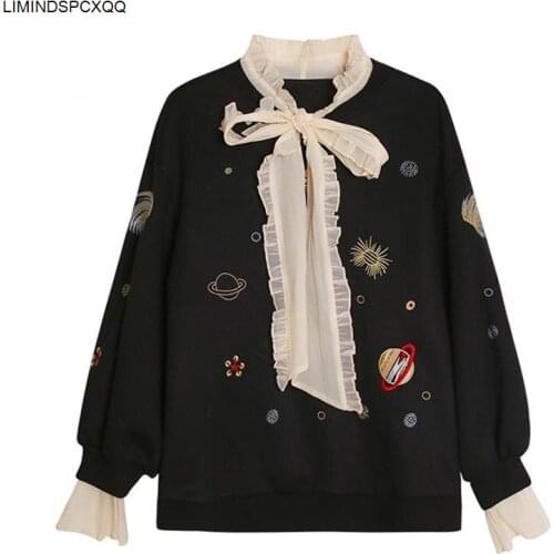 2021 Autumn Women Sweatshirt Patchwork Mesh Lace Bow Fake Two Piece Pullover Tops Sweet Casual Oversized Female Sweatshirts