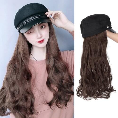XG Adjustable long synthetic Wavy Extensions With Navy cap Wig hat one wig for white women navy Cap hat