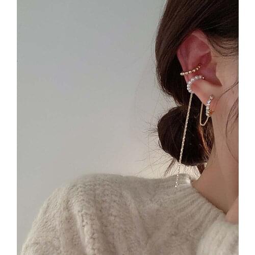 Korean Gold Silver Color Asymmetry Pearl Circle Tassel Chain Clip on Ear Cuff Earrings Fake Piercing Multi-layer Earcuff Jewelry
