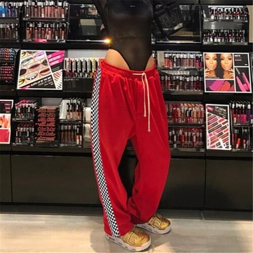 Track Pants Women 2018 Casual Checkerboard Sweat Pants New Ladies Hip Hop Pants Female Plaid Striped Waist Tie Harem Track Pants